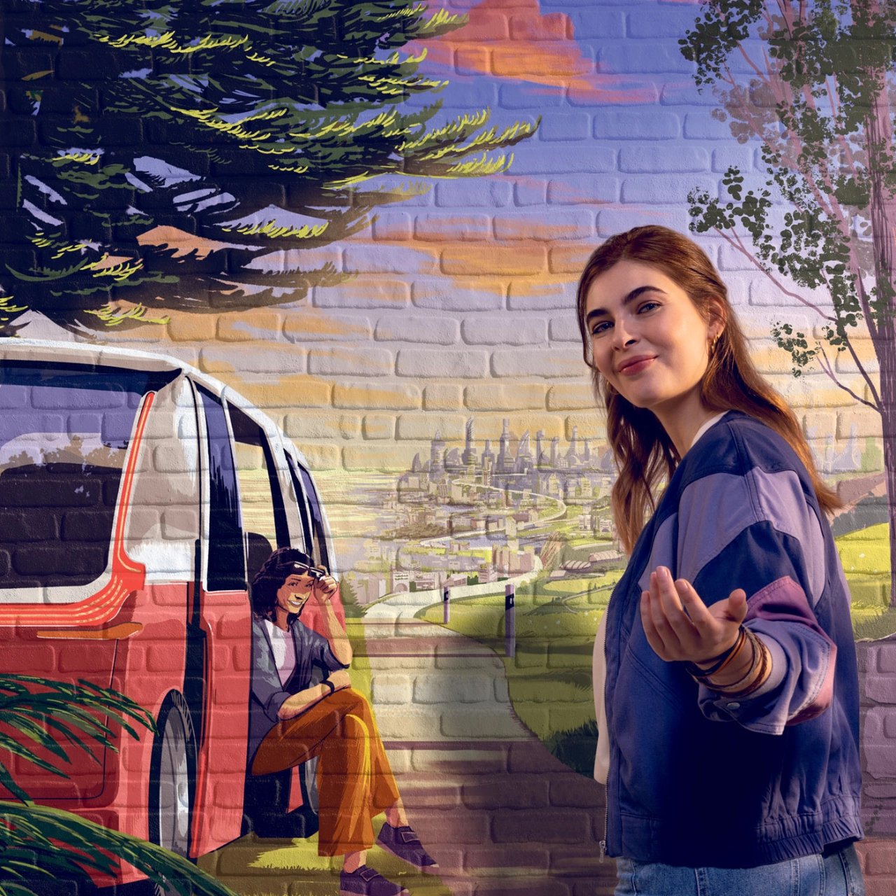 Frau steht neben Van.