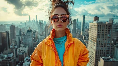 Frau mit Skyline von New York im Hintergrund