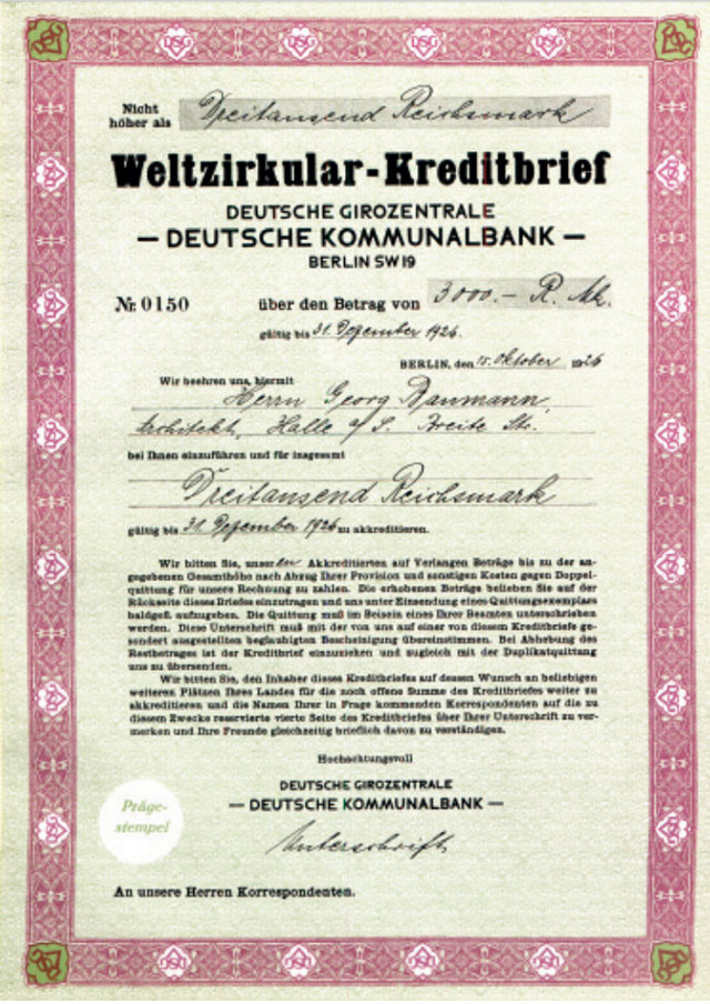 Abbildung eines Weltzirkular-Kreditbriefs aus dem Jahr 1926