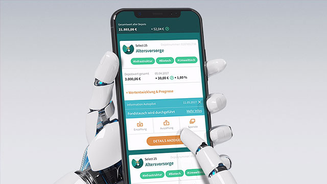 Roboterhand, die ein Smartphone mit der bevestor-App hält