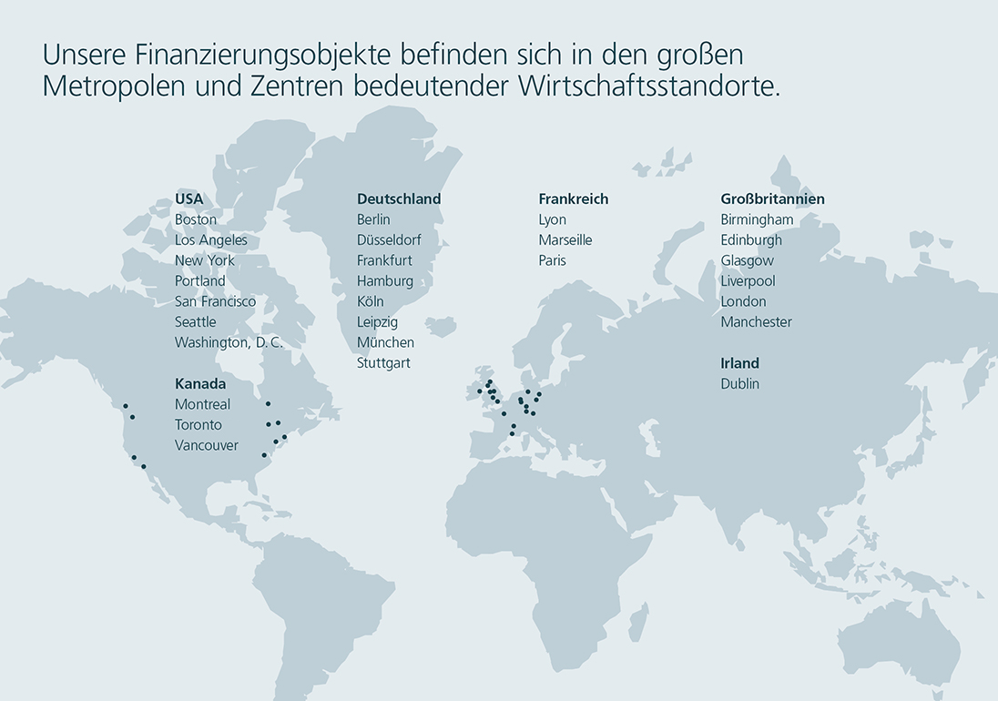 Weltkarte mit Aufschrift der Deka-Finanzierungsobjekte