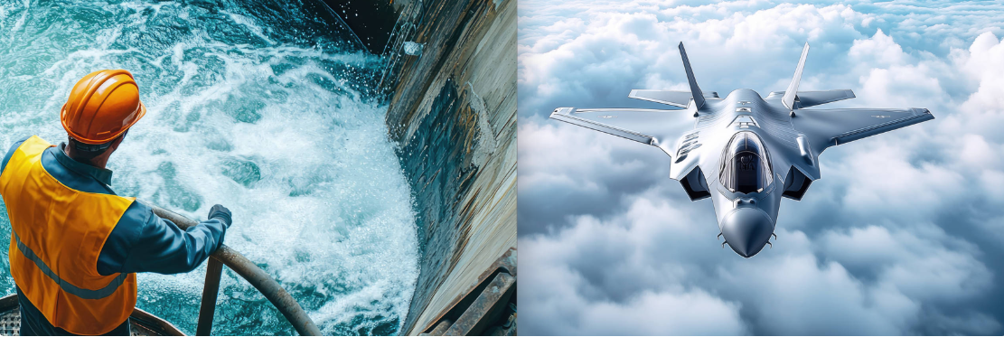 Geteiltes Foto von Mann, der auf Wasserspeicher schaut und einem Militärflugzeug