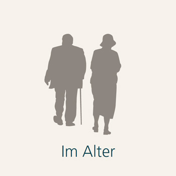 Silhouette von einem Mann mit Gehstock und einer Frau, darunter steht "Im Alter"