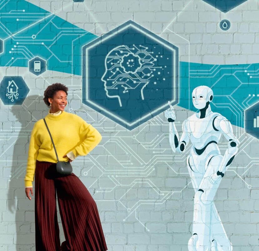 Frau und Roboter stehen vor einer blauen Wand mit KI-Motiv.