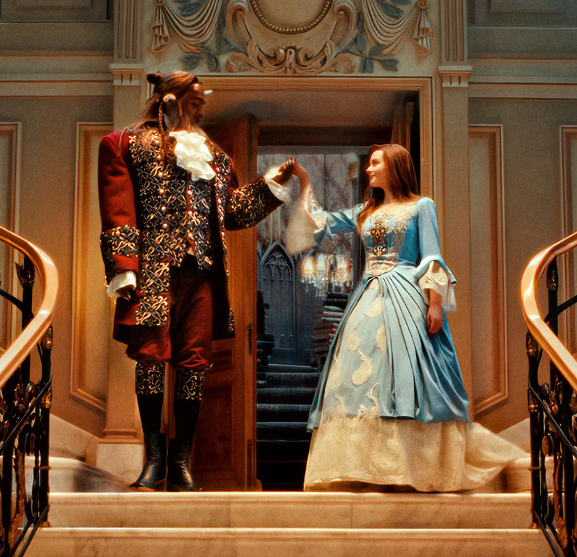 Eine Bestie in einem Barockkostüm hält die Hand einer jungen Frau, die ein Kleid trägt. Beide stehen auf einer Treppe.
