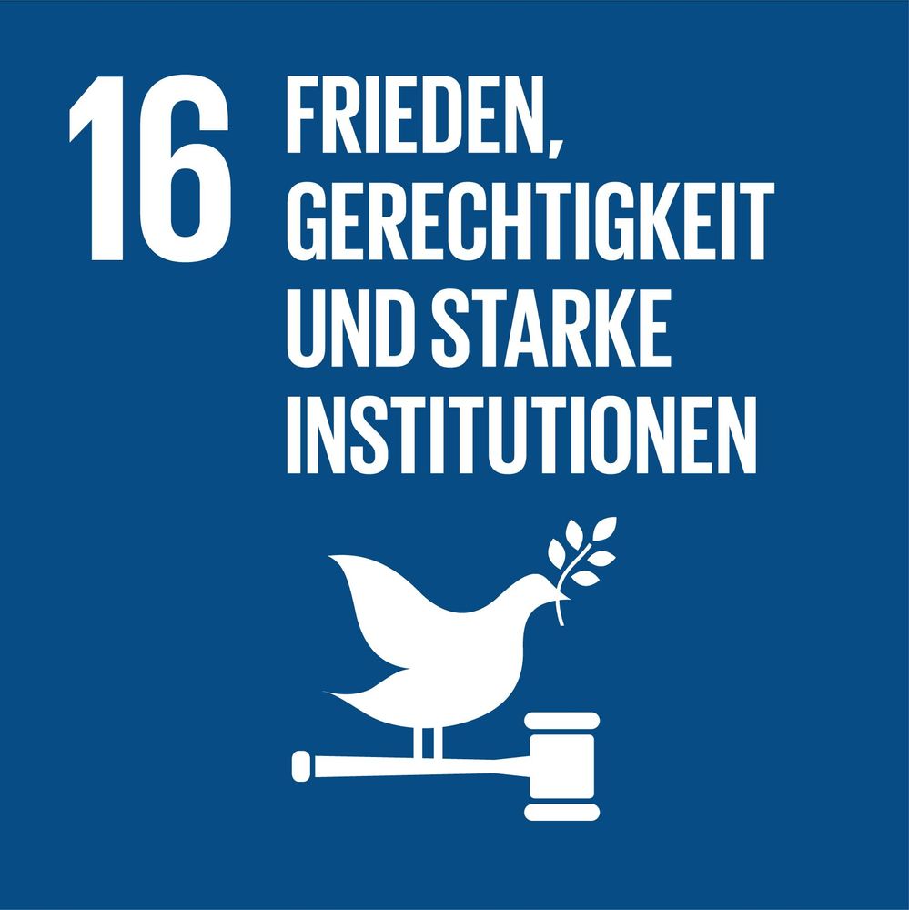Icon UN-Nachhaltigkeitsziel 16. Frieden, Gerechtigkeit und starke Institutionen